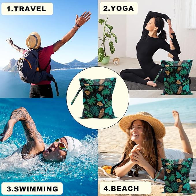 2Pcs Pink Flamingo Wet Bags 12x10 Inch, Green Leaves Waterproof Travel Laundry Bags, Reusable Wet Dry Bag for Swimsuit Pool Beach Diapers Dirty Yoga Gym Clothes, Flamingo Gifts for Women