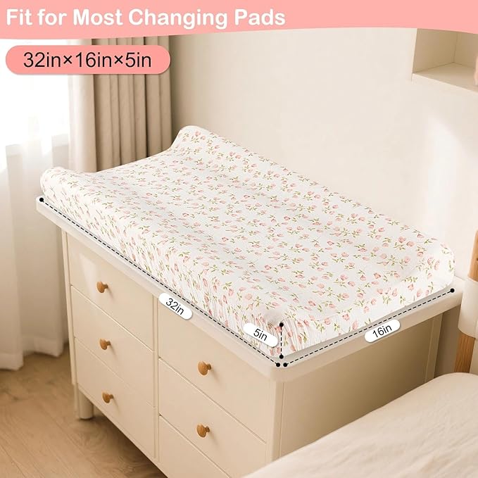Basumee Muslin Changing Pad Cover Waterproof 2 Pack Baby Changing Table Covers for Boys and Girls Soft Breathable Nursery Diaper Change Table Cover Pad Fits 32"x16", Pink