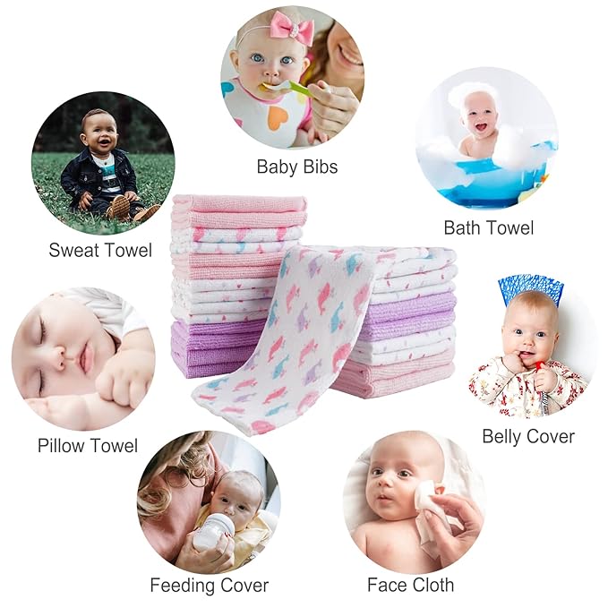 softan Baby Washcloths, 24Pack Baby Wash Cloths Extra Soft & Ultra Absorbent, Baby Towels and Washcloths Face Towel Unisex for Boys Girls Body, Washclothes Gentle on Sensitive Skin, 9x9 Pink Whale