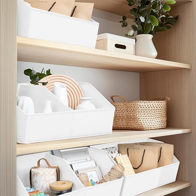 Closet Organizers and Storage Bins - 8 Pack Collapsible Divided Trapezoidal Cube Storage Bins Baskets with Orange Handle for Organizing Clothes Blankets, Toys, Books, Towels(White)