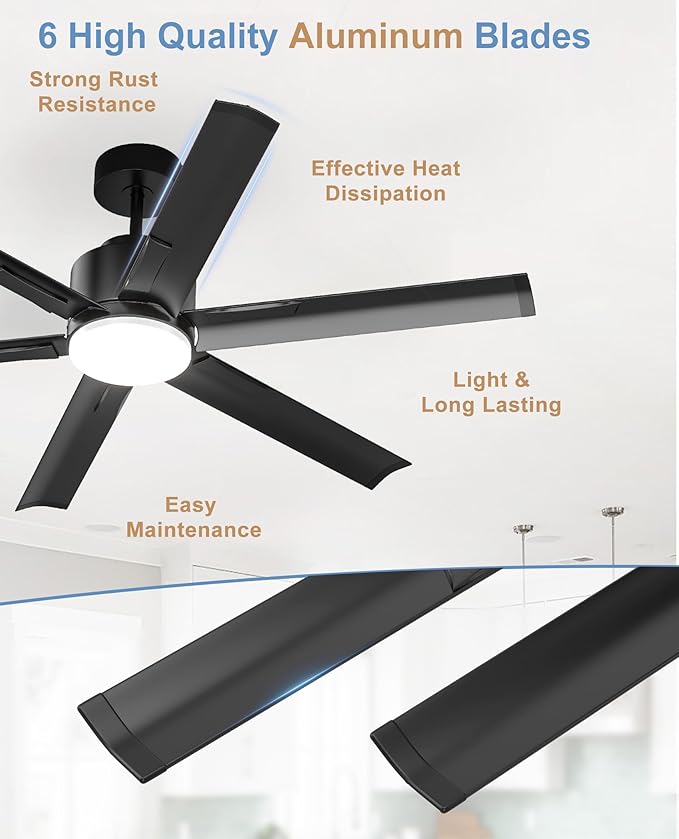 JAYNLT 60 Inch Ceiling Fan with Light,High CFM Industrial LED Fan Lights with 6 Aluminium Blades,Remote Control, Air Reversible 6 Speed 3 Colors Noiseless DC Motor for Kitchen,Shop