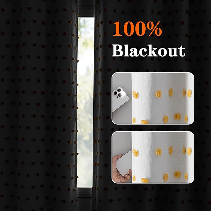 MEETSKY 100% Blackout Curtains for Sliding Glass Door 95 Inch Length Total Light Blocking Curtains for Living Room,Grommet Room Darkening Window Drapes with Yellow Pom Pom Sheer 52W x 95L, 2 Piece