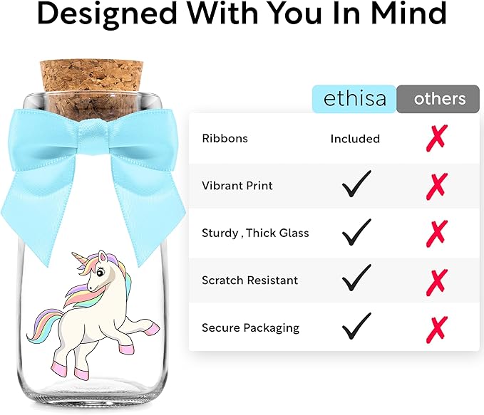 Ethisa 12 Pack Unicorn Party Favor Glass Bottles with Pastel Ribbons - Vintage Birthday Unicorn Party Favors for Girls and Table Centerpieces Decorations - Sturdy Rainbow Theme Candy Jar