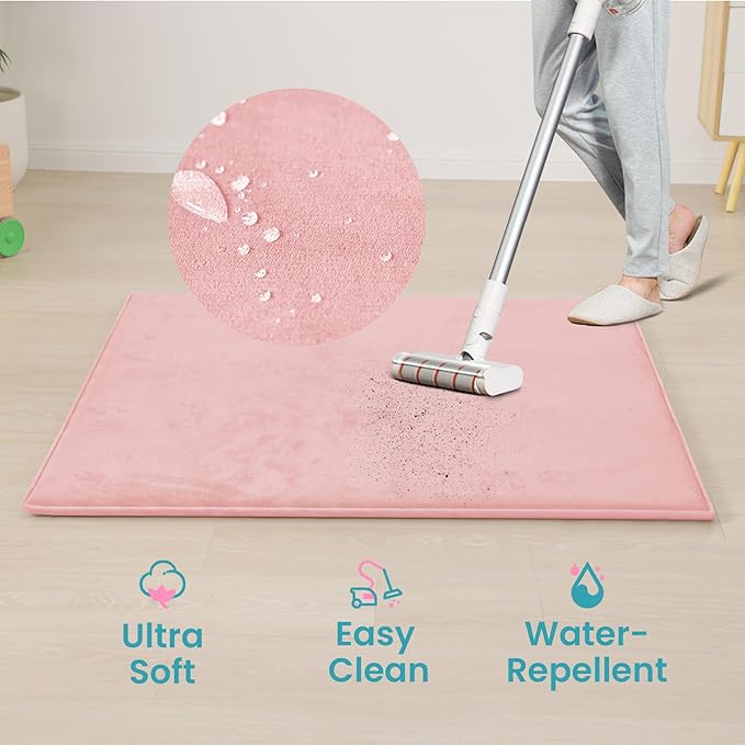 Baby Play Mat for Floor,Extra Large 59"×71" Playpen Mat for Tummy Time,Thicker Padded Elasti Foam Activity Mats for Toddler,Infant,Kids,Water Repellent Ultra Soft Velvet,Non-Slip Backing Safe for Crawling,Nursery & Playroom(Pink)