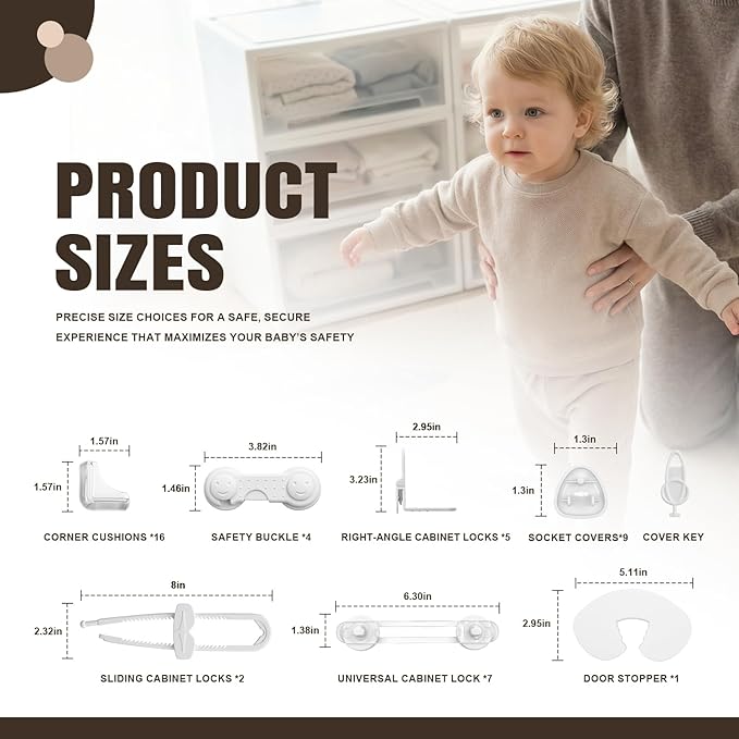 Baby Proofing Kit, 45 Pack Child Safety Pack – Cabinet & Drawer Locks, Corner Guards, Outlet Covers, Universal Safety Straps, Sliding Cabinet Locks, Door Stopper,Keep Your Child Safe at Home