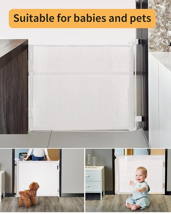 Retractable Baby Gate,Mesh Baby Gate or Mesh Dog Gate,33" Tall,Extends up to 55" Wide,Child Safety Gate for Doorways, Stairs, Hallways, Indoor/Outdoor(White,33"x55"