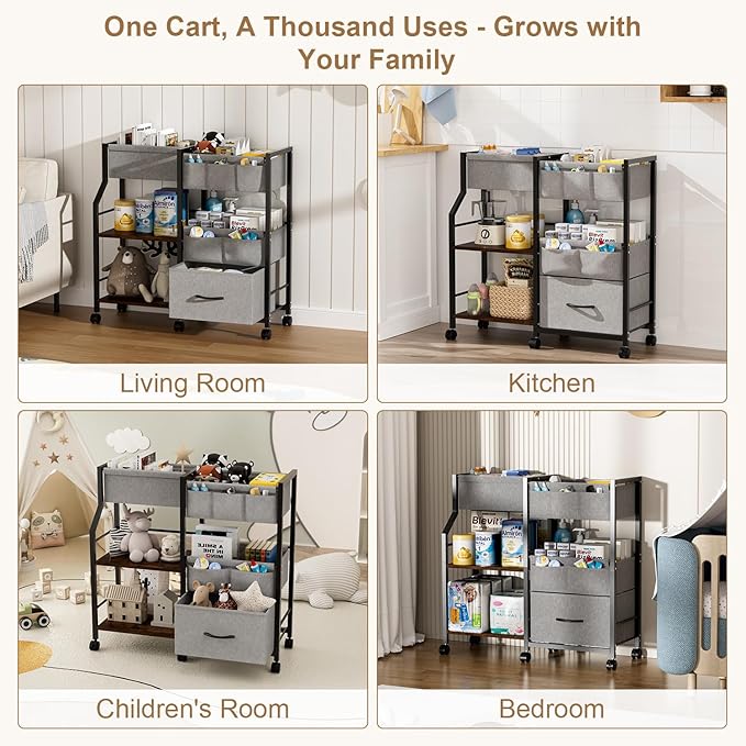 Baby Diaper Caddy Organizer and Storage, 3 Tier Rolling Cart with Dividers and Drawers, Mobile Utility Cart with Wheels for Nursery, Bedroom, Baby Newborn Essentials Storage Cart, Black