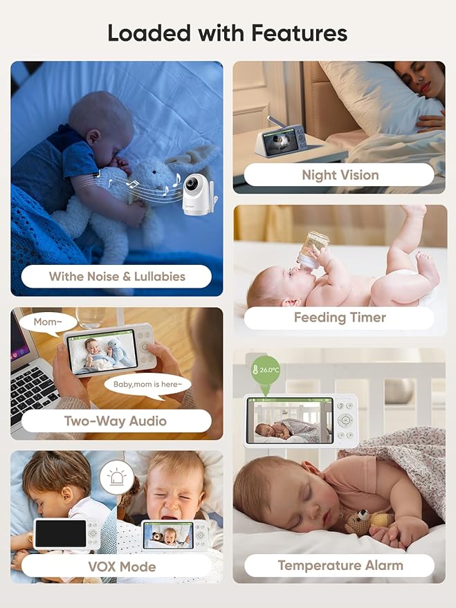 bonoch 2K 5.5" Split Screen Baby Monitor with 2 Cameras, 240hrs Battery Dual Video Monitor, White Noise, 1600ft Long-range, Hack-Proof No WiFi, Night Vision, Smart Detect for Cry/Sleep Turnover/Motion