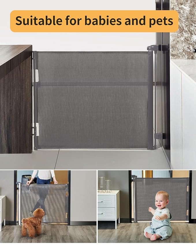 Retractable Baby Gate,Mesh Baby Gate or Mesh Dog Gate,33" Tall,Extends up to 55" Wide,Child Safety Gate for Doorways, Stairs, Hallways, Indoor/Outdoor(Grey,33"x55"