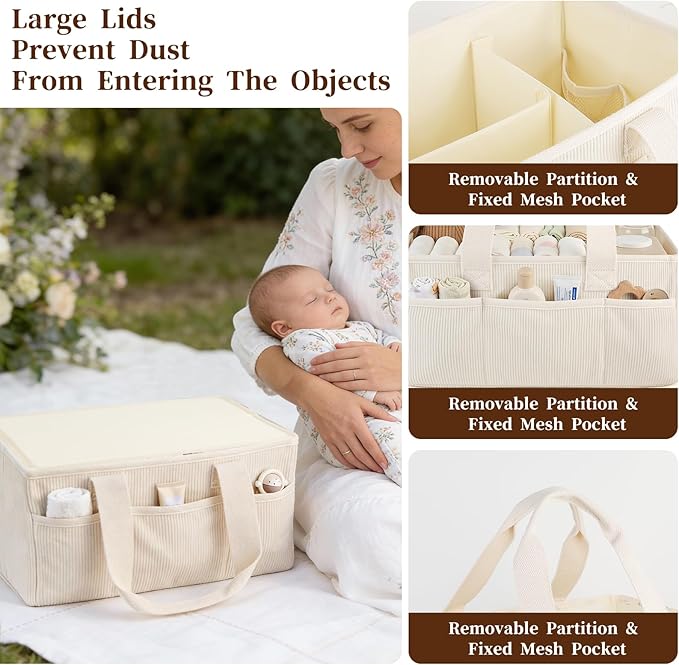 Baby Diaper Caddy Organizer with Portable Changing Mat-Portable Baby Organizers and Storage, Gift for Baby Shower, Corduroy Baby Essentials Organizer with Removable Dividers (Corduroy)