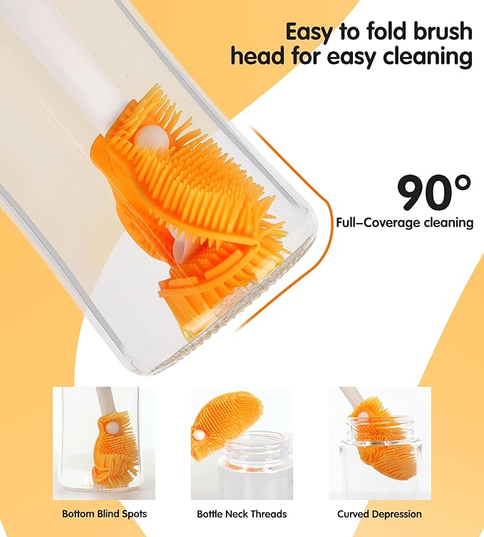 FURNIPLAS 7-in-1 Bottle Cleaner Brush Kit, Long Handle Silicone Baby Bottles Cleaning Brush Set, 360° Flexible Multifunctional Water Bottle Washer for Baby Bottles, Breast Pump, Spout, Nipple & Straw