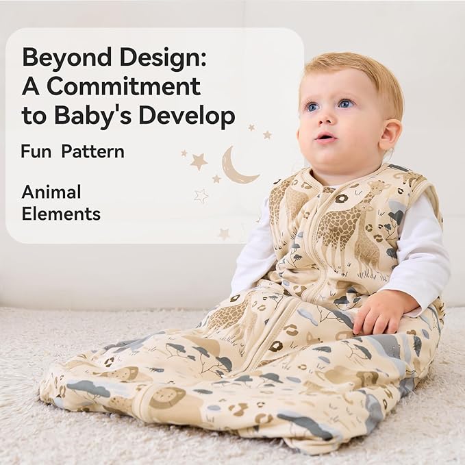 Unnivoll Baby Sleep Sack 12-18 Months TOG 2.5 Winter Baby Wearable Blanket, 100% Cotton Toddler Sleeping Sack with 2-Way Zipper Warm Soft Apricot Zebra