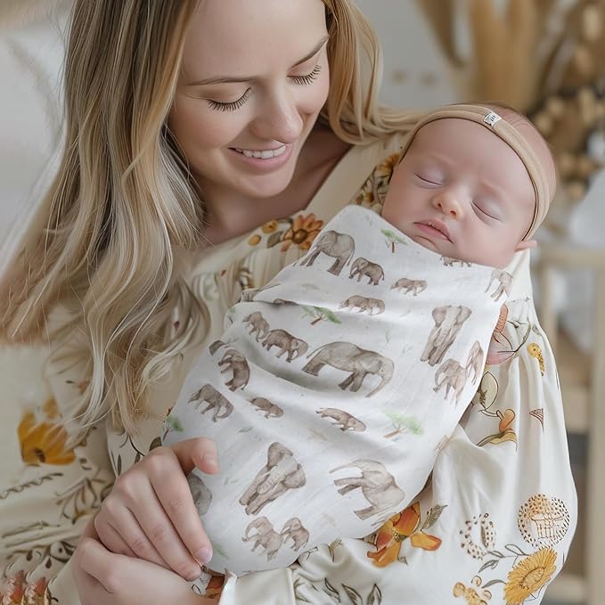 LifeTree Baby Swaddle Blankets, Boys Girls Muslin Swaddling Wrap Receiving Blanket for Newborn, 70% Viscose from Bamboo and 30% Cotton, Large 47" x 47", Elephant and Tree Pattern
