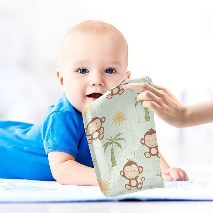vvfelixl Cute Monkey Coconut Trees Baby Burp Cloths Baby Muslin Washcloths for Boys Girls Cotton Babys Face Towel for Newborn Infants Soft and Absorbent 11.8 X 11.8 in, 5 Pack