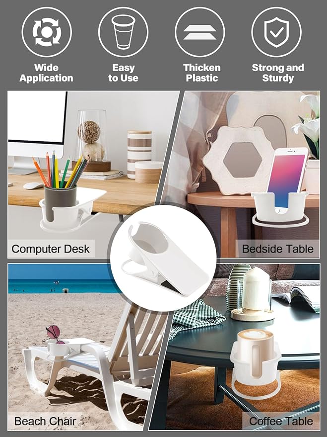 Kalolary 1PCS New Drinking Cup Holder Clip with Groove Table Bottle Cup Stand DIY Glass Cup Clamp Storage Saucer Clip Water Coffee Mug Holder Saucer Clip for Home Desk, White