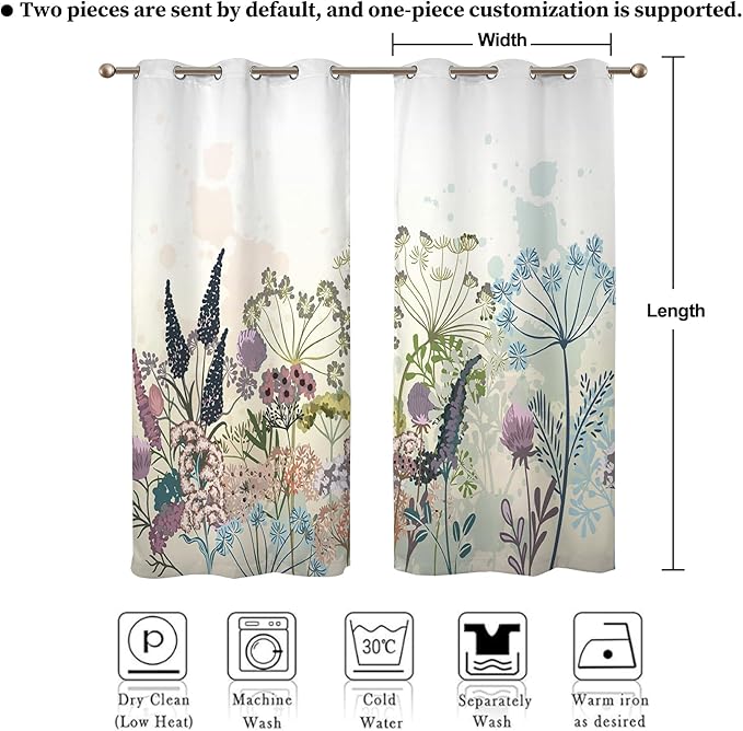 Renaiss Wildflowers Blackout Curtains Vintage Botanical Floral Plant Thermal Insulated Window Drapes for Bedroom 42W x 84L inches 2 Panel Set Window Curtain Panels for Living Room