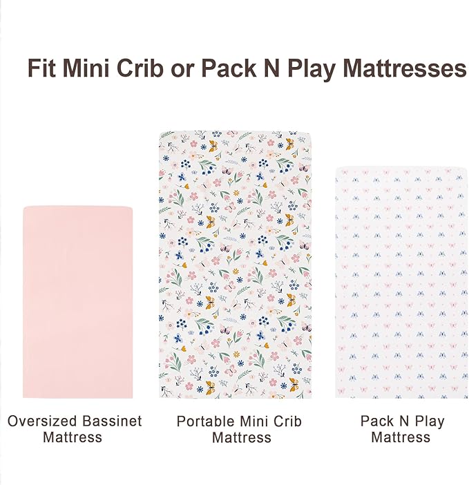 david's kids 3 Pack Mini Crib Sheets, Soft Breathable Premium Pack N Play Sheets for Baby Boys Girls Neutral, Playard and Mini Crib Mattresses, Floral & Butterfly