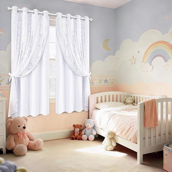 Yinhua Double Layer White Curtains for Living Room Blackout Curtains for Bedroom 84 Inch Length 2 Panels Set Kid Curtain with Tiebacks, Grommet Drapes with Floral Sheer Overlay, 52" W x 63" L