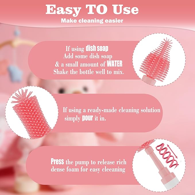 ZTX Self-Foaming Silicone Baby Bottle Brush Set - One Press Creates Rich Foam, Cleans Bottles, Breast Pump Parts & Nipples, Includes Detachable Brush & Travel Storage Bag, Pink