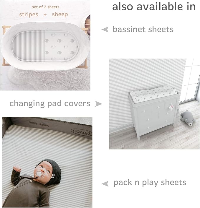Cuddly Cubs 2 Pack Jersey Cotton Crib Mattress Sheets for Baby Boy, Girl - Grey Stripes, Sheep Toddler Bed Sheets - Fits Standard 28 x 52" Crib and Toddler Mattress