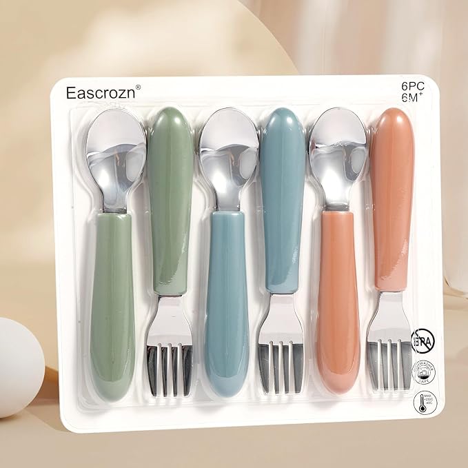 Eascrozn Toddler Utensils, Kids Silverware with Silicone Handle, Spoons and Forks Set, 18/8 Stainless Steel Children Safe Feeding Supplies, 6 Pack, Dishwasher Safe