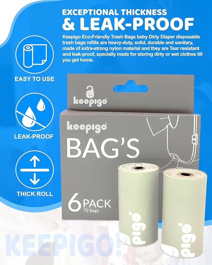 Keepigo, Compostable Disposable Diaper Bags Refills | 6 Rolls, 72 Leak-Proof, XL Biodegradable Baby Poop Bags | Eco-Friendly Diaper Trash Bags for Home, Travel, Pet Waste | Odor-Free,