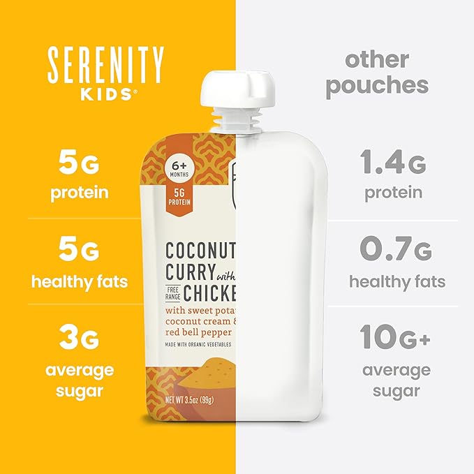 Serenity Kids 6+ Months World Explorers Baby Food Pouches Puree Made With Ethically Sourced Meats & Organic Veggies | 3.5 Ounce BPA-Free Pouch | Chicken Coconut Curry | 1 Count