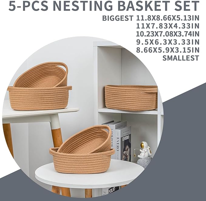 CubesLand Small Cotton Rope Storage Basket Set 5, Shelves Baskets for Organizing with Handle, Decorative Closet Storage Bins for Countertop Toilet Paper Basket for Toilet Tank Top,Brown Basket