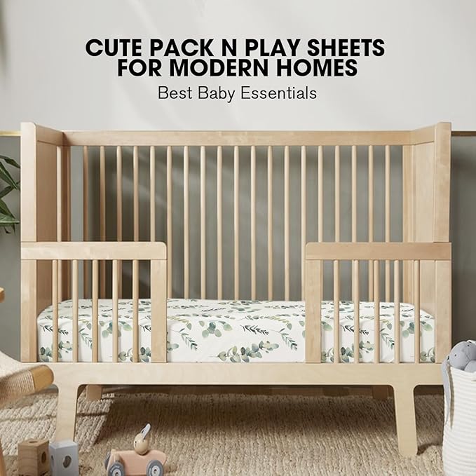 Little Grape Land Pack and Play Sheets Mini Crib Sheets Soft Breathable Pack N Play Sheets, Playard Fitted Sheet 2 Pack Stretchy Fits 38"x26" Playard Mattress, Green Leaves