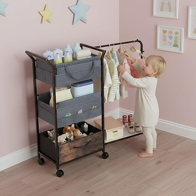 Baby Diaper Caddy Organizer - 3 Tier Rolling Cart with Kids Clothing Rack, Mobile Utility Cart with Dividers and Drawers, Large Capacity Storage Cart for Bedroom, Bathroom, Grey Carts with Wheels