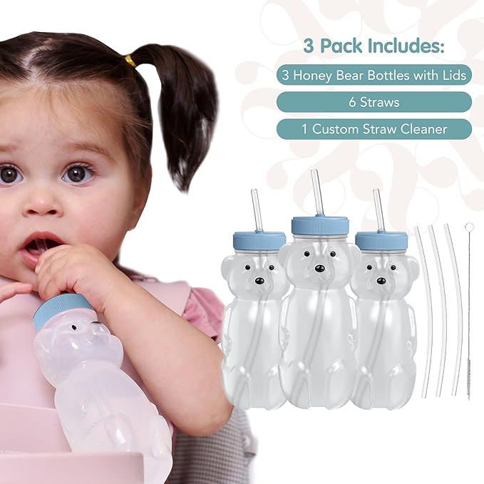 The 730 Project Honey Bear Straw Cup for Babies, 8-oz Honey Bear Cup with Lid, 3-Pack Therapy Learning Honeybear Straw, Baby Bottle Set, Blueberry Pie BLUE