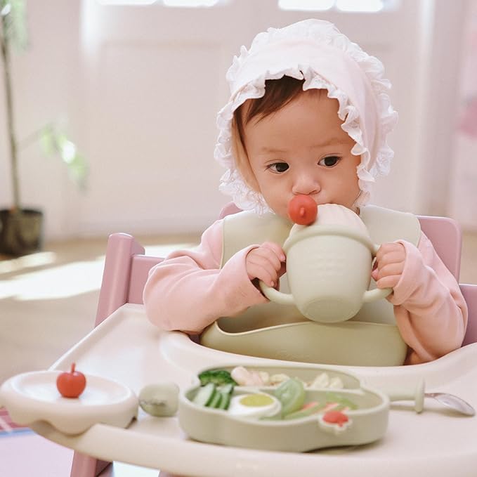 COZY ROCK Silicone Baby Feeding Set, Gelato Collection Baby Led Weaning Supplies, First Self-Feeding Set with Silicone Suction Bowl & Plate, Straw Cup & Bib, Fork & Spoon Silicone Baby (Green)