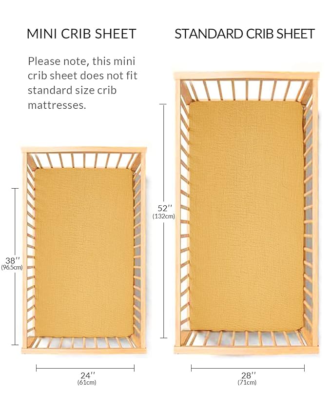 Mini Crib Sheets for Baby, Fitted Pack N Play Mattress and Mini Cribs 24" x 38", Neutral Muslin Cotton Mini Crib Mattress Sheet with Boho Style, Soft and Breathable Comfort (Blue)