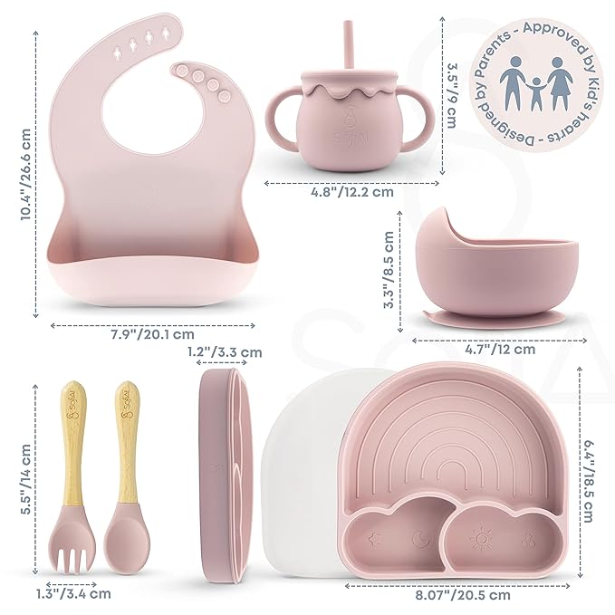 SofiAl All In One Silicone Feeding Set - Safe for 6-12 Months - Non-Toxic Baby Led Weaning Supplies - Toddler Self Feeding Utensils - BPA-Free - Mess Free Essentials