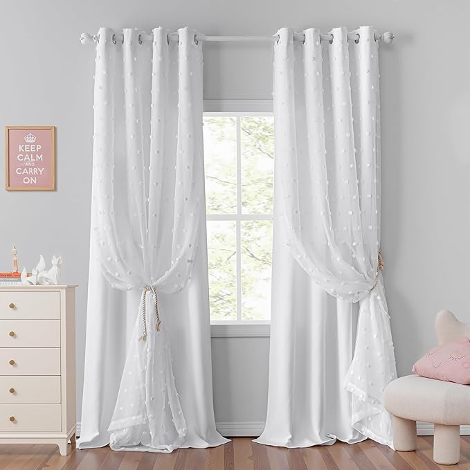 MYSKY HOME 90 Inches Long White Curtains with White Pom Pom Sheer for Living Room Nursery Curtain Girl Kids Bedroom Double Layer Light Filtering Window Panels for Toddler Grommet, 52" Wide, 2 Pieces
