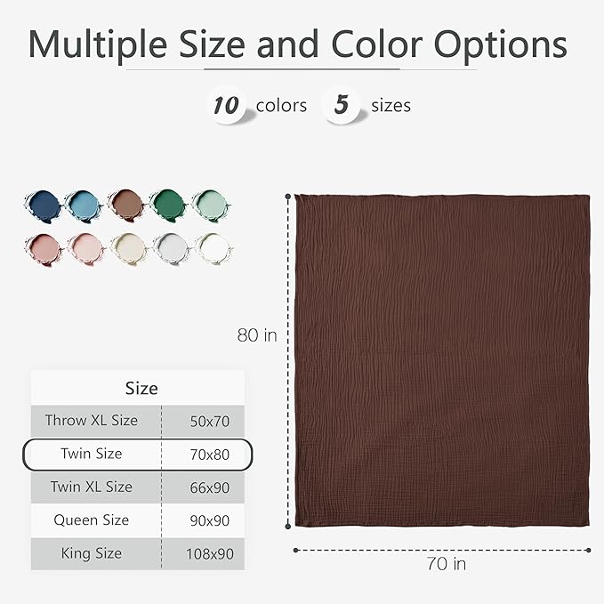 Carriediosa 100% Cotton Muslin Throw Blanket 70" X 80" Twin Size,4-Layers Summer Gauze Throws for Bed Couch,Soft Lightweight Breathable Linen Blankets Bedspread for Adults All Season,Dark Brown