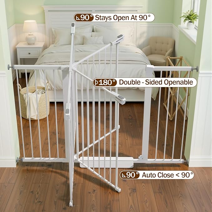 Mumeasy 36" Extra Tall Baby Gate for Doorways, 29.7"-57" Extra Wide Dog Gate for Stairs, Pressure Mounted Auto Close Pet Safety Gate with Easy Walk Thru Door, Large Indoor Child Gate for House, White