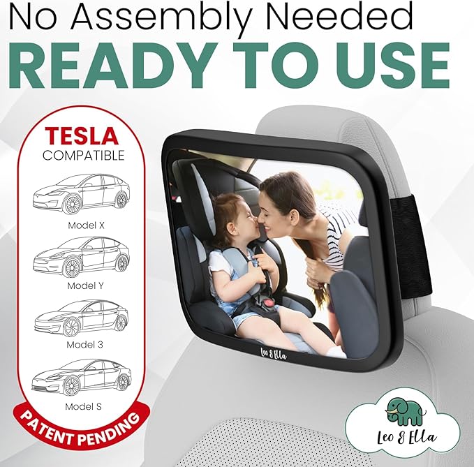Leo&Ella Extra Large Baby Car Mirror for Tesla & Fixed Headrests, Secure View of Infant in Rear Facing Carseat with Continuous Loop System, 100% Shatterproof, 13.7 Inch Convex Mirror, 360 Rotation