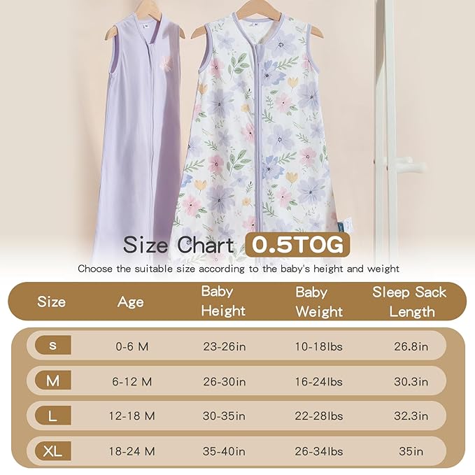TILLYOU 2 Pack Baby Sleep Sack 6-12 Months 100% Cotton Wearable Blanket 0.5 TOG Sleeveless Summer Sleep Sacks with 2-Way Zipper, Brilliant Little Flowers and Purple