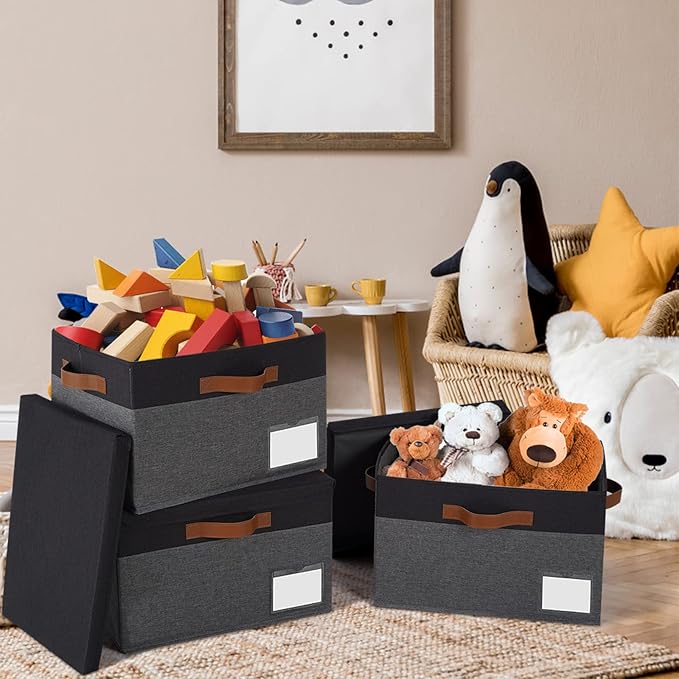 GhvyenntteS Extra Large Storage Bins with Lids 6 Pack, Foldable Fabric Storage Boxes with Lids and 3 Leather Handles, Storage Baskets with Label Window (Grey&Black, 15.75x11.8x10.2)