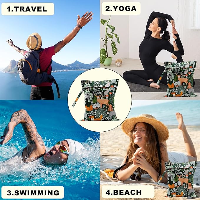 Forest Animal Wet Bags 12x10 Inch, Cottage Core Botanical Waterproof Travel Laundry Bags, Squirrel Fox Wolf Reusable Wet Dry Bag for Swimsuit Pool Beach Diapers Dirty Yoga Gym Clothes