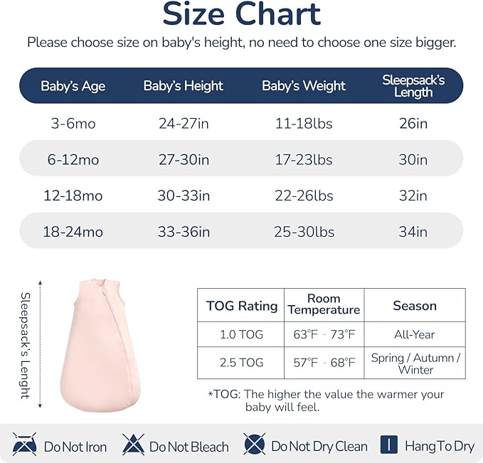 usbettas 1.0 Tog 2.5 Tog Baby Sleep Sack, 100% Cotton Baby Sleeping Bag 3-24M, 2-Way Zipper Baby Wearable Blanket