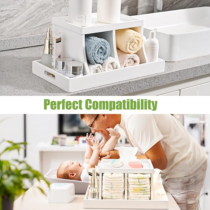 Diaper Caddy Organizer, Changing Table Organizer, Wooden Diaper Organizer for Nursery, Baby Diaper Storage Organizer with Removable Dividers (White, Rectangular Size)