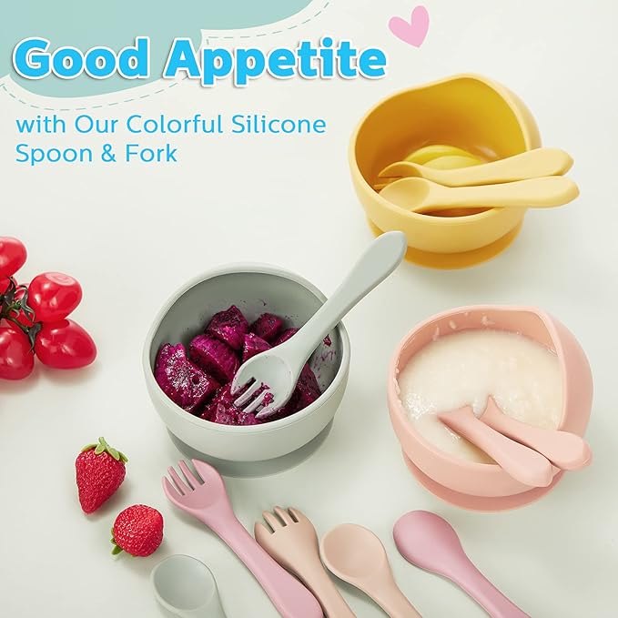 Nuenen 6 Pieces Silicone Baby Feeding Forks and Spoons Set Hot Safety First Stage Self Feeding Supplies Mini Kids Utensils for over 6 Months Babies Boy Girl Toddlers First Foods (Nature Color)