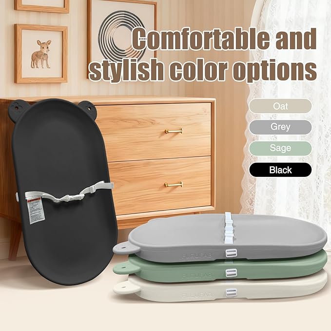 FLEUFAB Changing Pad, Wipeable Diaper Changing Pad with Safety Belt for Changing Table, Nursery, Dresser, EVA Non-Slip Baby Changing Table Pad, Black