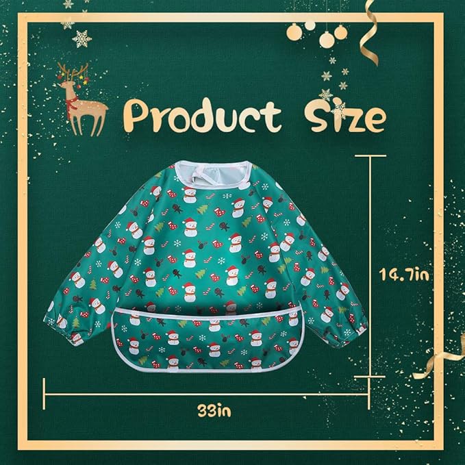 Little Dimsum Full Sleeved Feeding Bib 2 Pack,Baby & Toddler Waterproof Bib Apron,Food Protection Large Pocket Eating Smock 6-36 Month(christmas bib)