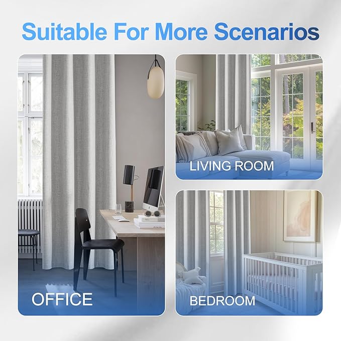 Linen 100% Blackout Curtains for Bedroom, Black Out Curtains 96 Inch Long, Room Darkening Curtains for Living Room, Long Curtain Grommets Drapes, Thermal Curtains (2 Panels, Greyish White)