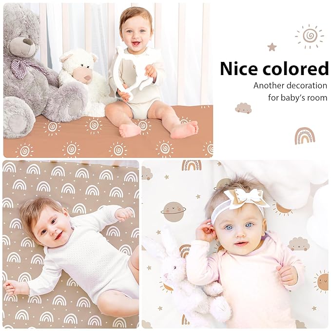 Baby Mini Crib Sheets Boy, Portable 38”x26” Pack and Play Sheets Fitted for Playard and Pack N Play Mattress, 3-Pack Soft Microfiber Orange Sun Rainbow