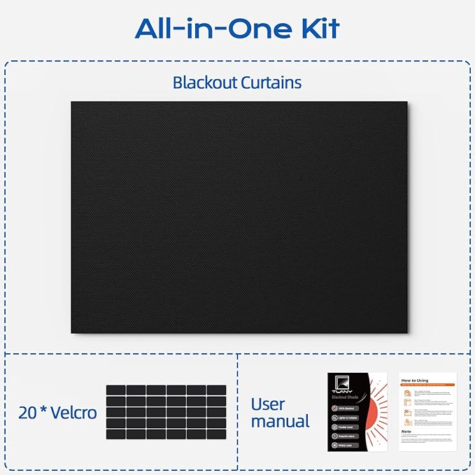 Blackout Curtains for Bedroom, 100" x 58" Portable Black Out Blinds with 20 Sets Hook & Loop Strips for 100% Blackout Window Film, Temporary Black-out Shades for Windows Cover Nursery Travel RV-Blacks