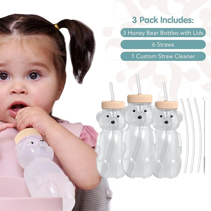 The 730 Project Honey Bear Straw Cup for Babies, 8-oz Honey Bear Cup with Lid, 3-Pack Therapy Learning Honeybear Straw, Baby Bottle Set, Creamsicle PEACH